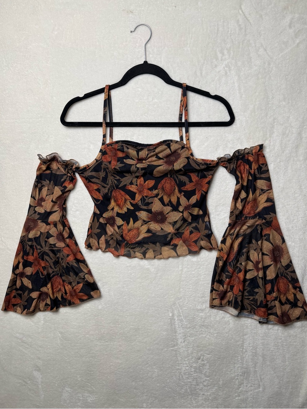 Whimsical Floral Off-Shoulder Bell Sleeve Crop Top - Black with Rust & Cream S